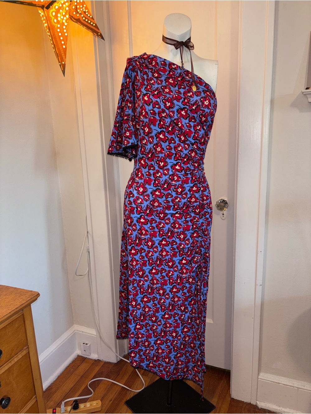 10 Crosby Derek Lam One-Shoulder Floral Dress in Blue and Red